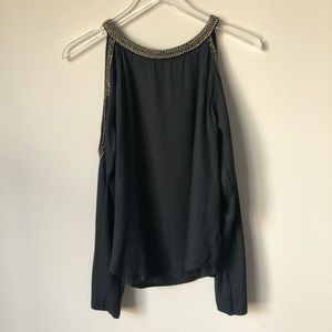MLV Black Beaded Trim Cold Shoulder Top